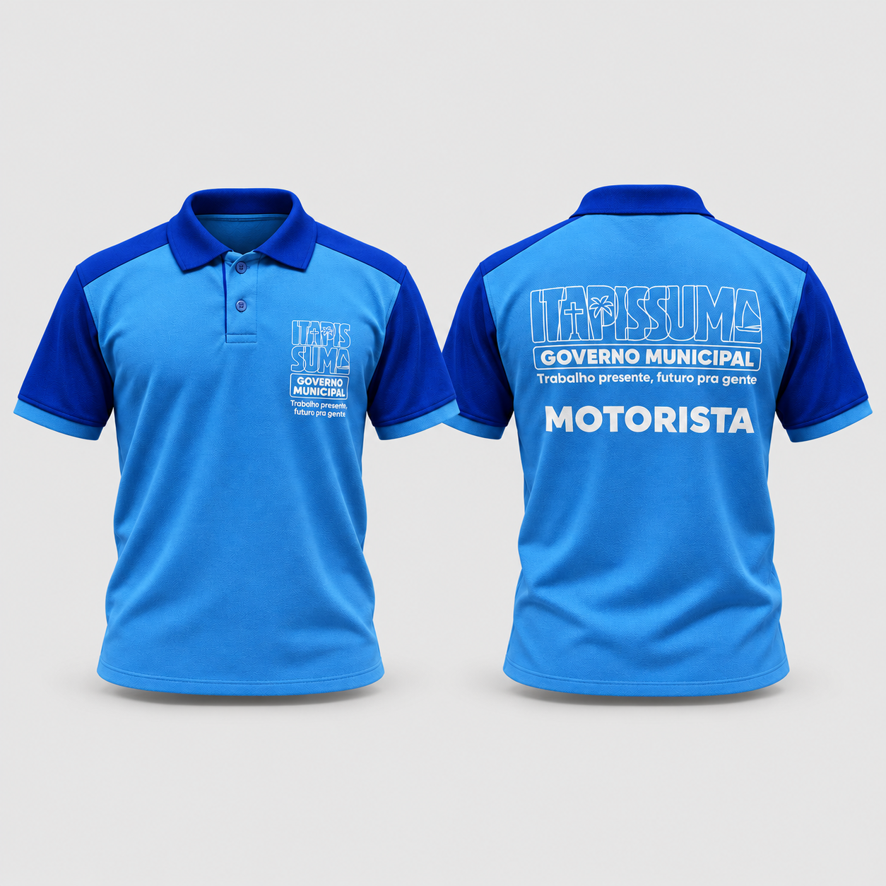 Frente e costas da polo azul de Itapissuma, com logotipo municipal e inscrição Motorista