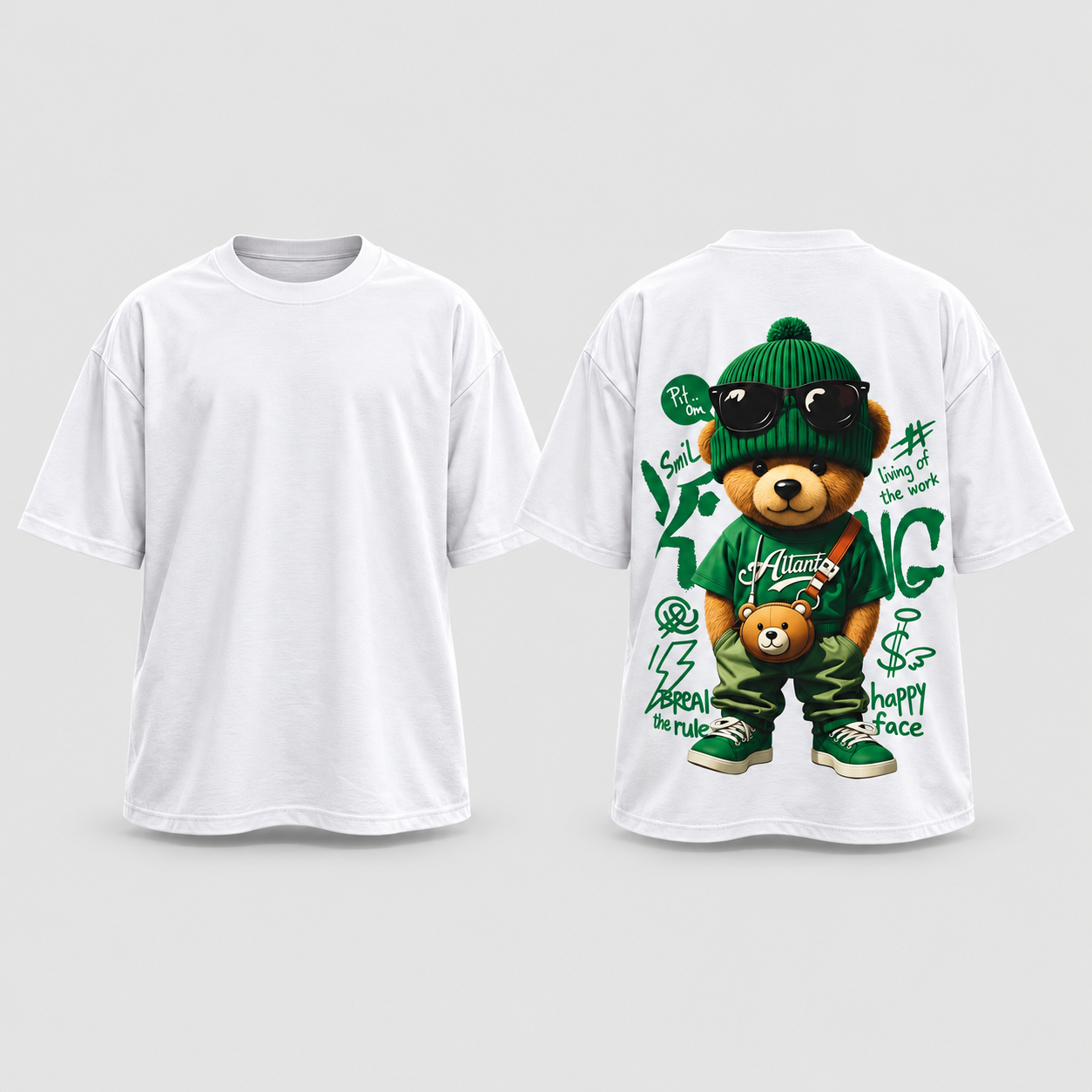 Frente lisa e costas da camiseta branca com estampa de urso usando roupa verde